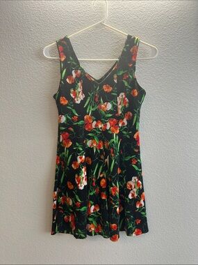 Floral V-Neck Black Summer Dress with Orange & Green Print